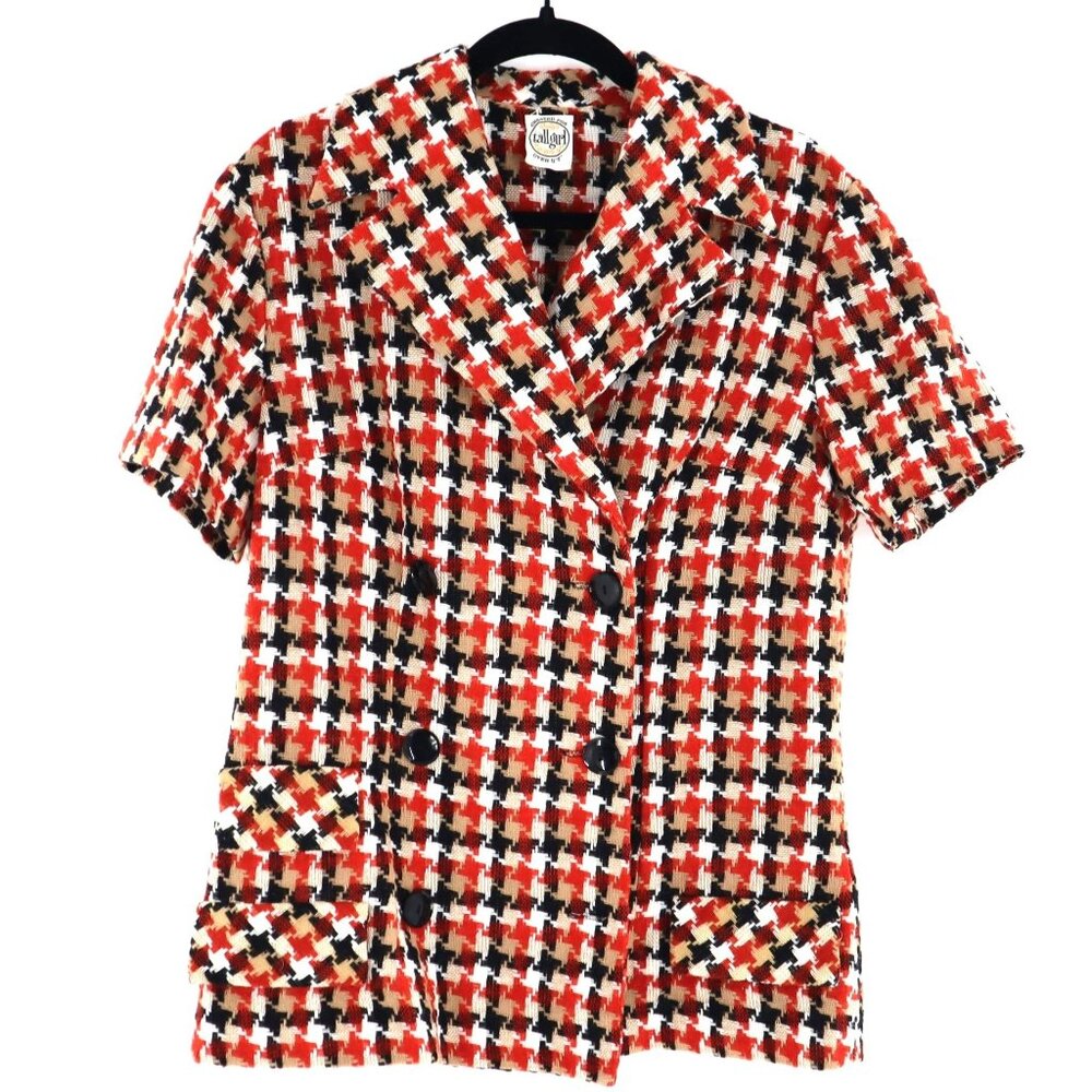 Vintage-Inspired Houndstooth Short Sleeve Jacket - Red/Black/White